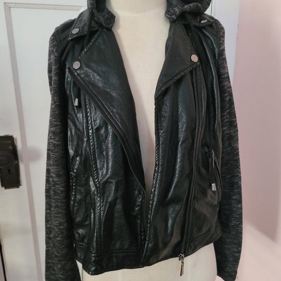 E2 Black Faux Leather Moto Removable Hood Jacket Excellent Size M - Picture 6 of 10